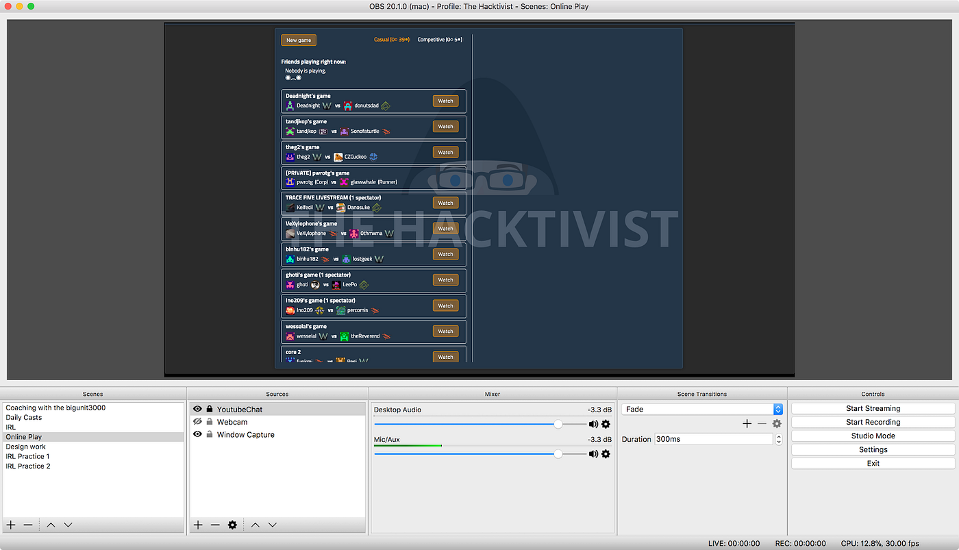 Screen capture of a Netrunner game on jinteki.net